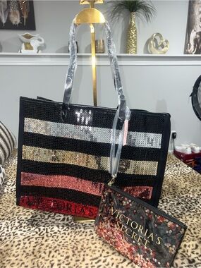 Victoria's Secret Sequined Stripe Carry-All Tote with matching zipper pouch NWT